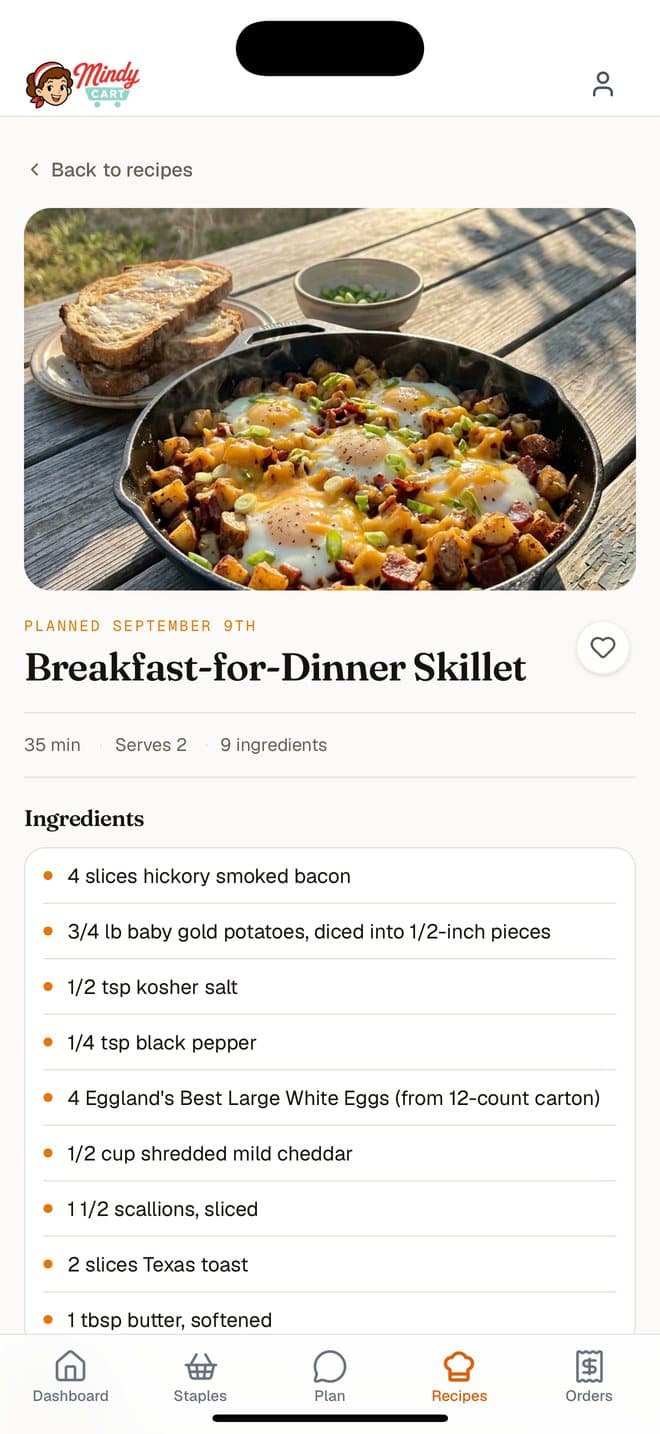 A recipe in the MindyCart app: Breakfast-for-Dinner Skillet, 35 minutes, serves 2, with its ingredient list.