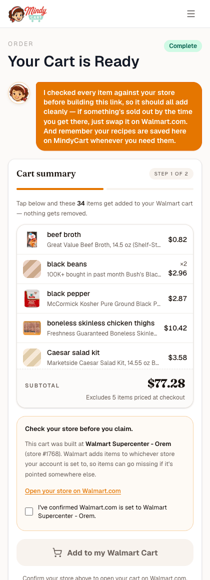 The cart-ready screen from Mindy's $100 week, showing the finished Walmart cart ready to claim