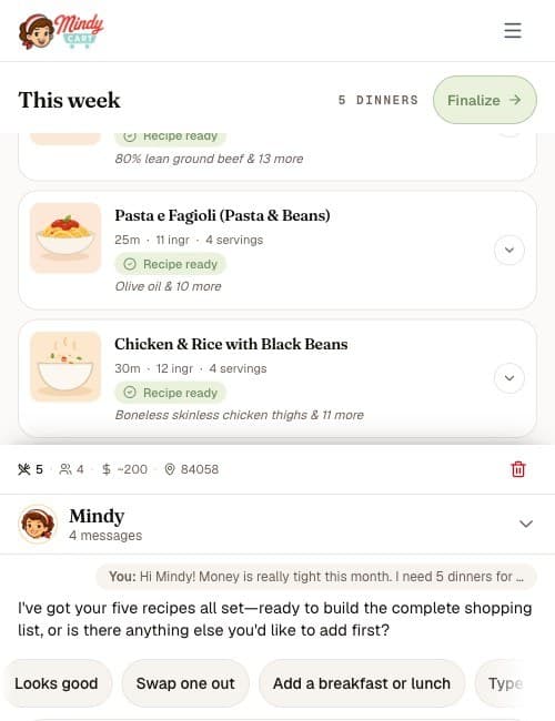 Mindy's meal-planning chat proposing dinner cards for the week